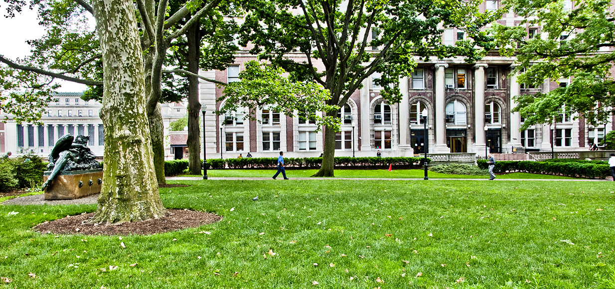 A large lawn with multiple oaks trees. A columned, brick building is in the background.