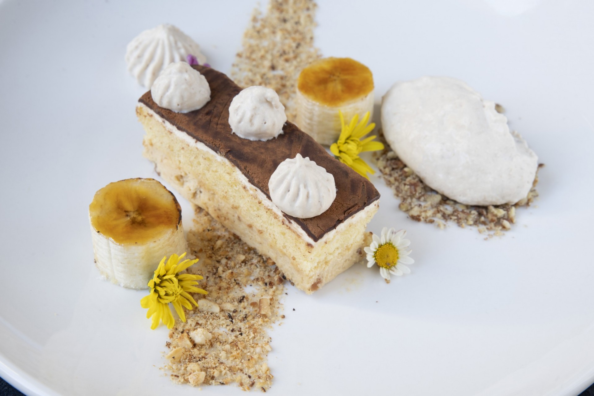 Rectangular slice of tiramisu sits on a a bed of cake crumbs on a white plate. The plat is decorated with yellow and white flowers and banana slices.