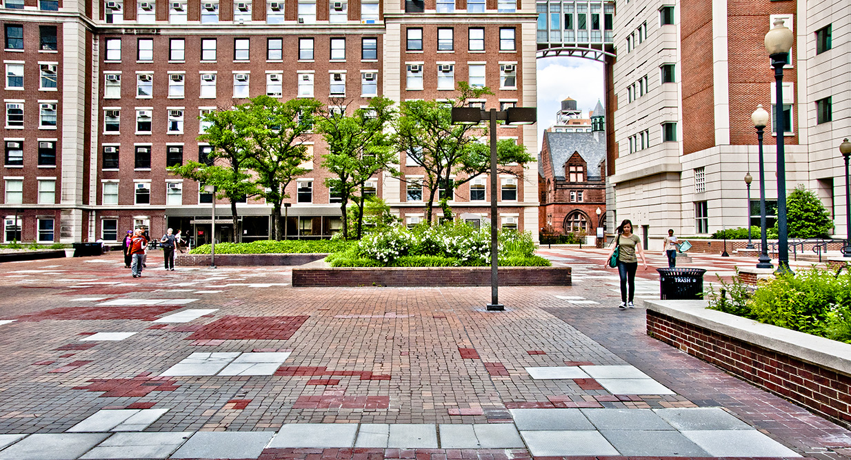 A large paved plaza with multiple raised garden beds and street lamps. Brick buildings can be seen in the background.