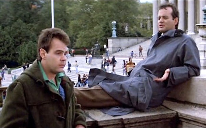 Bill Murray and Dan Akroyd in Ghostbusters, with Low Library in the background.