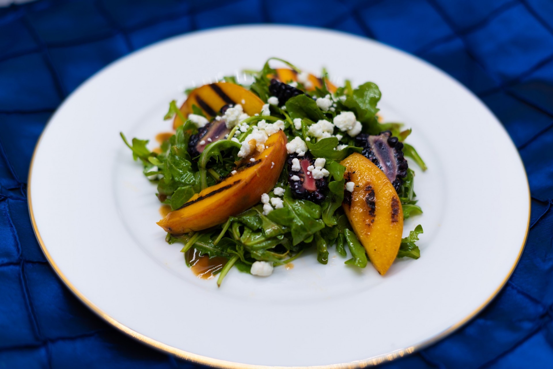Grilled Peaches & Arugula Salad with Blackberries, Crumbled Goat Cheese, Balsamic Vinegar Dressing