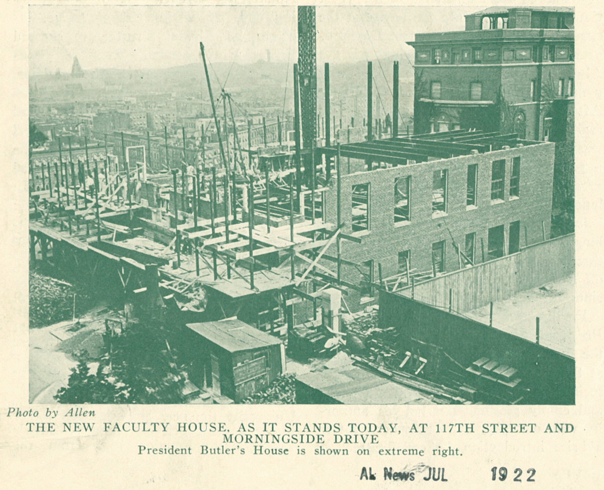 Clipping from a newspaper showing a photo of the Faculty House construction site