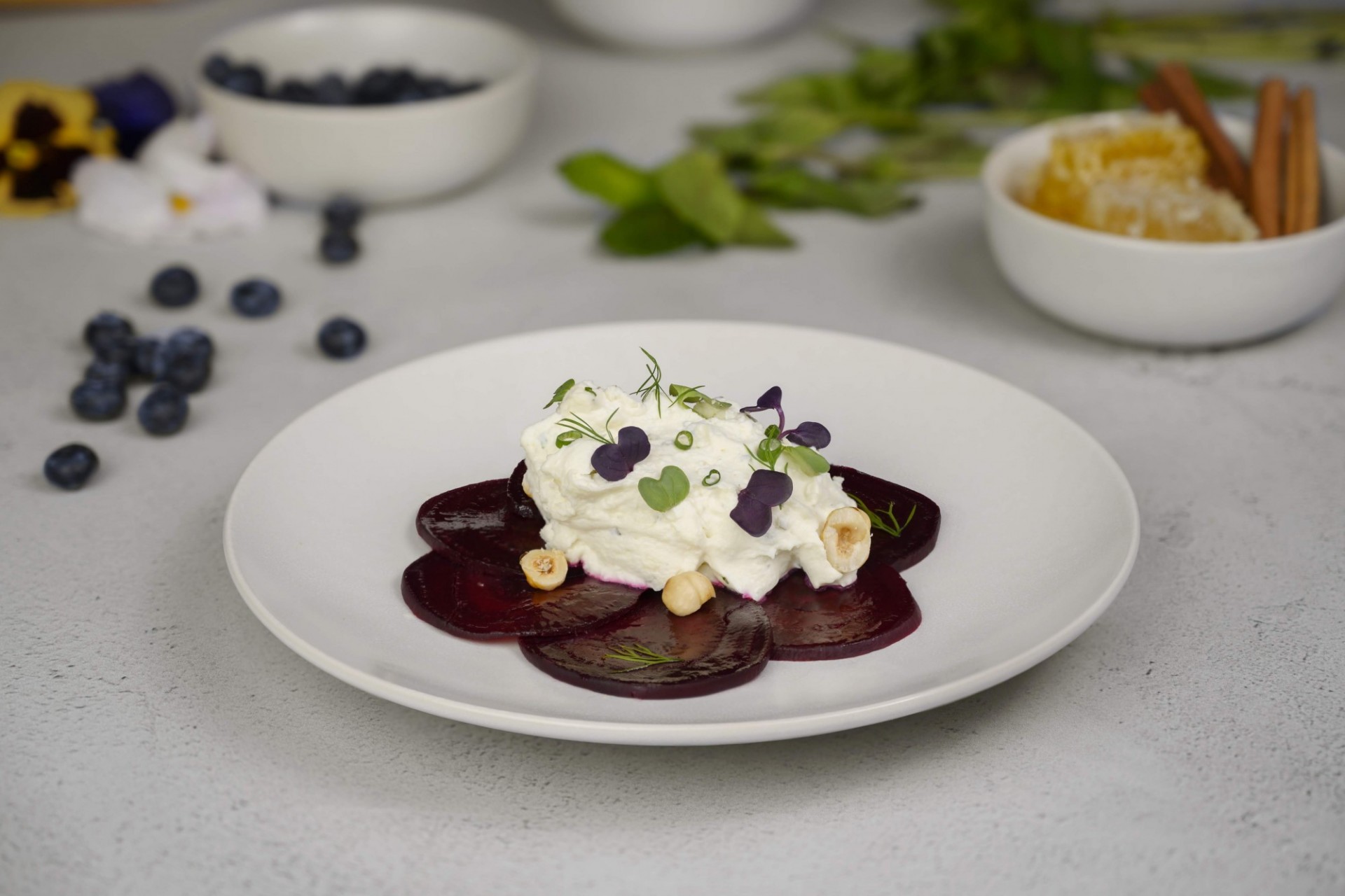 Roasted Beet Salad with whipped goat cheese and toasted hazelnuts