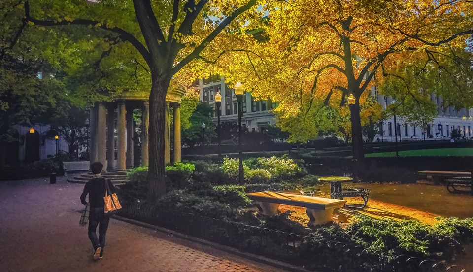 Image of the Hartley Courtyard with the rotunda in the distance.