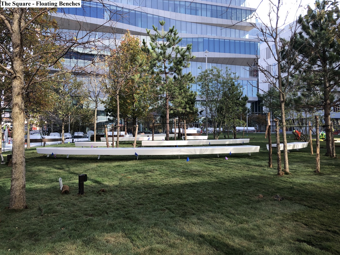Floating benches at The Square on Columbia's Manhattanville Campus