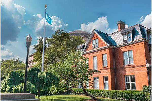 Buell Hall, a brick building housing the Maison Francais on Columbia University's campus.