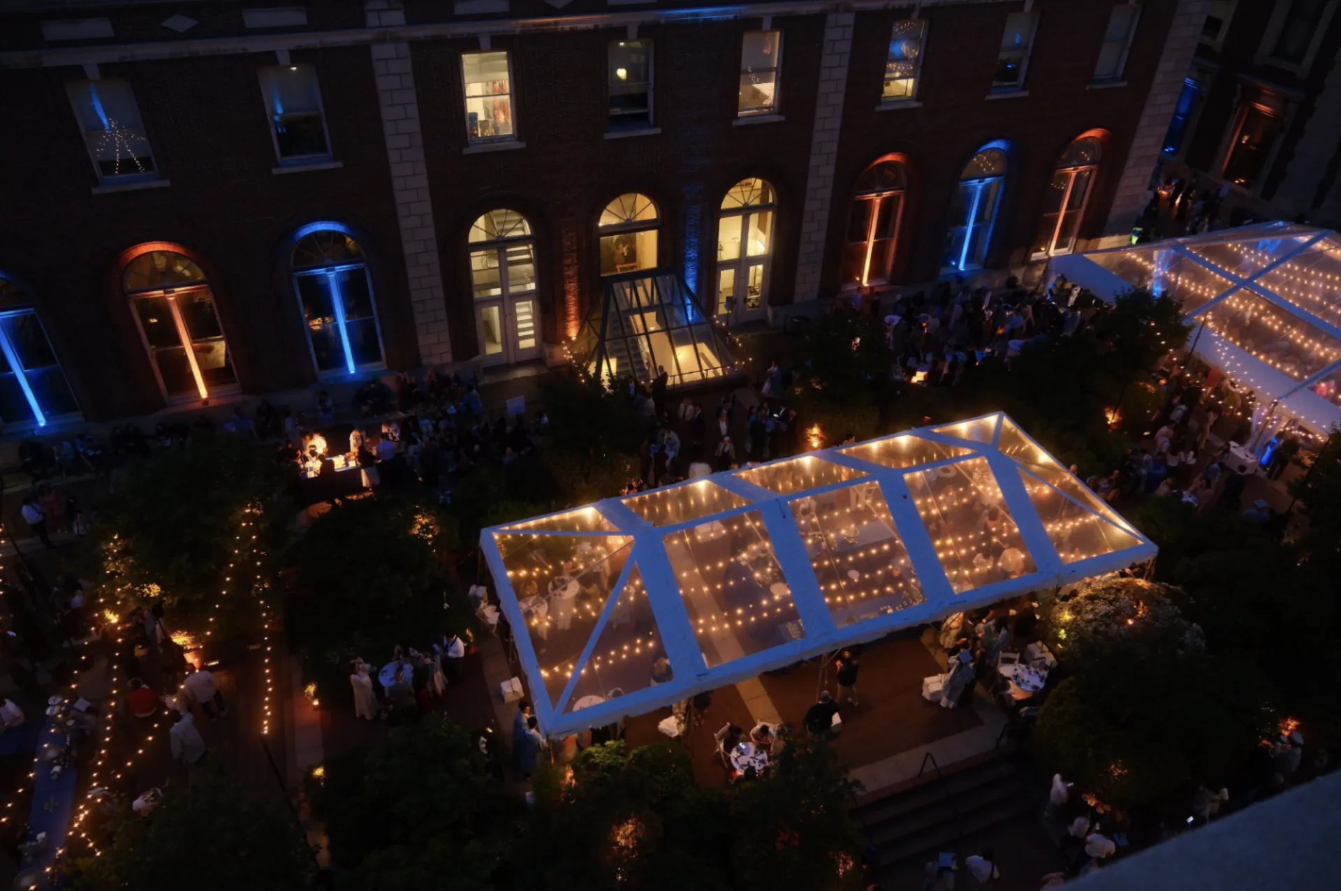 Aerial view of lighted tents