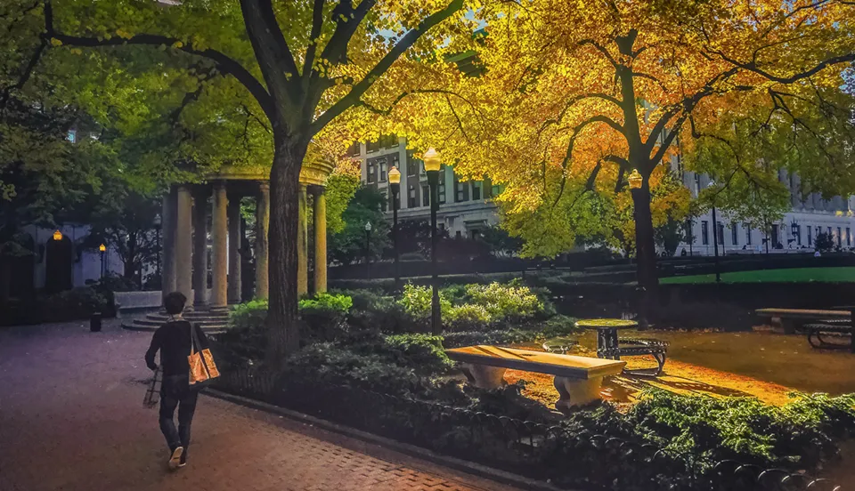 Image of the Hartley Courtyard with the rotunda in the distance.